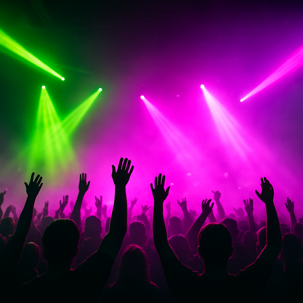 A live music crowd lit by neon stage lights